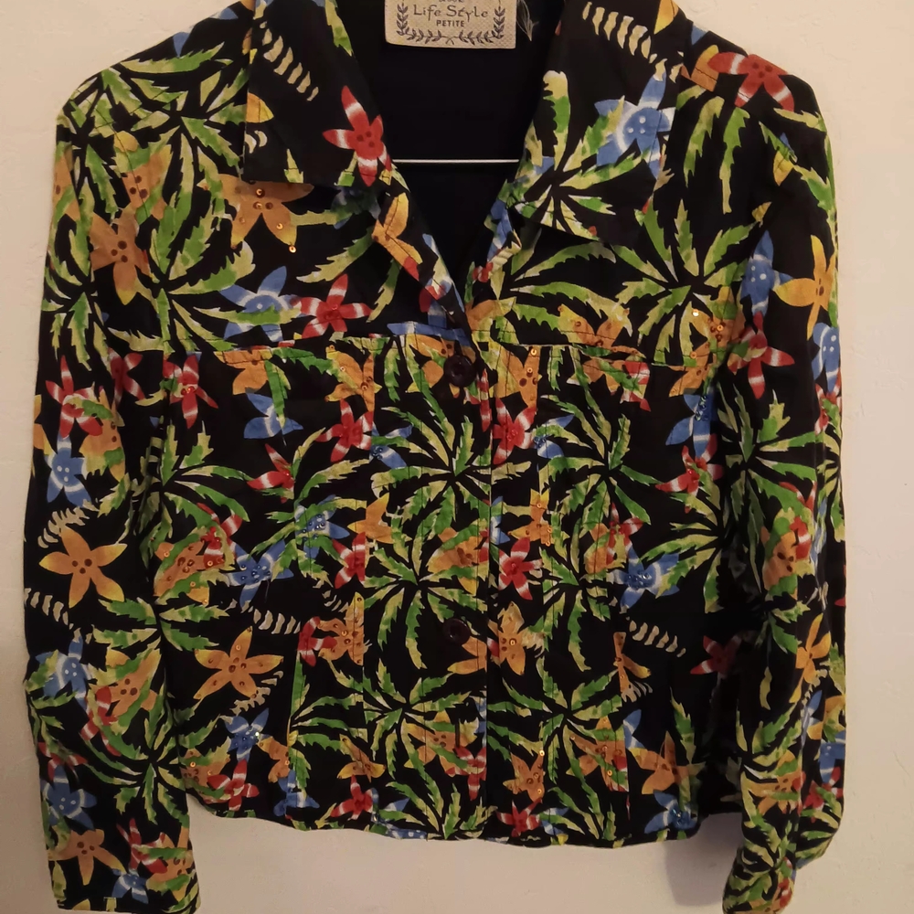 Life Style Petite Jacket Women's PS Vintage Lightweight Sequin Floral Maximalism